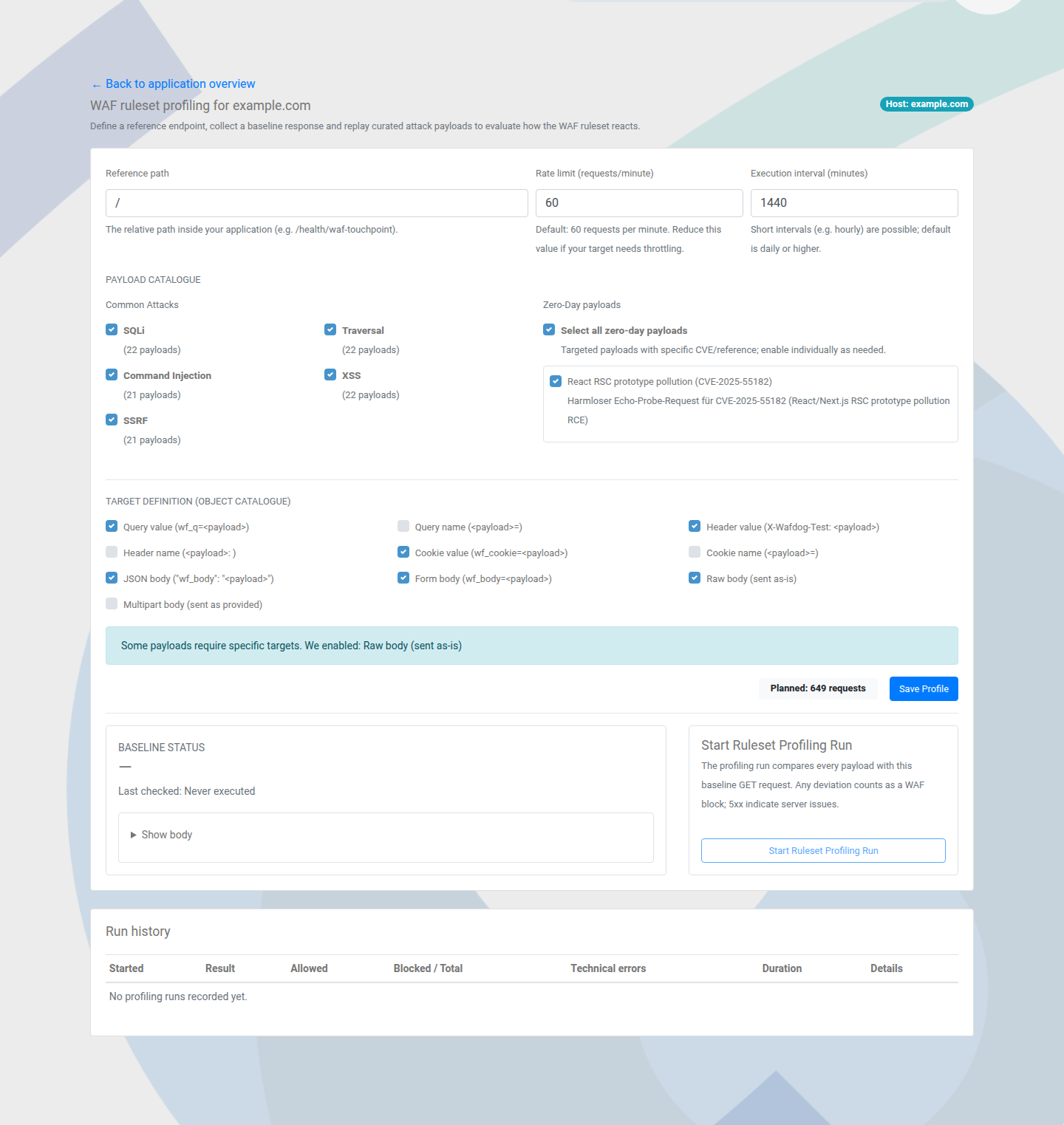 WAF profiling setup view